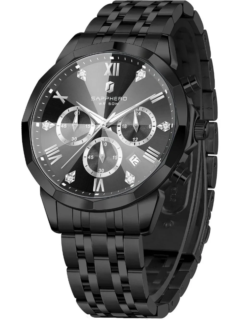 Men's Black Chronograph Stainless Steel Waterproof Analog Quartz Wrist Watch